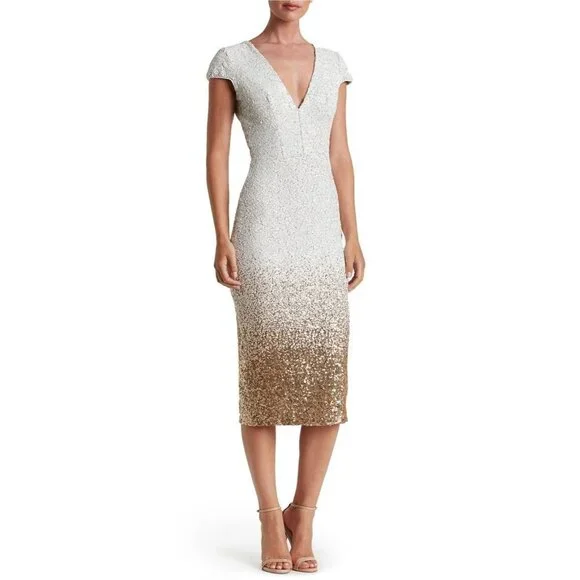Dress the Population Size XS Cece Gold Ombre Sequin Midi Dress Wedding - Picture 1 of 12